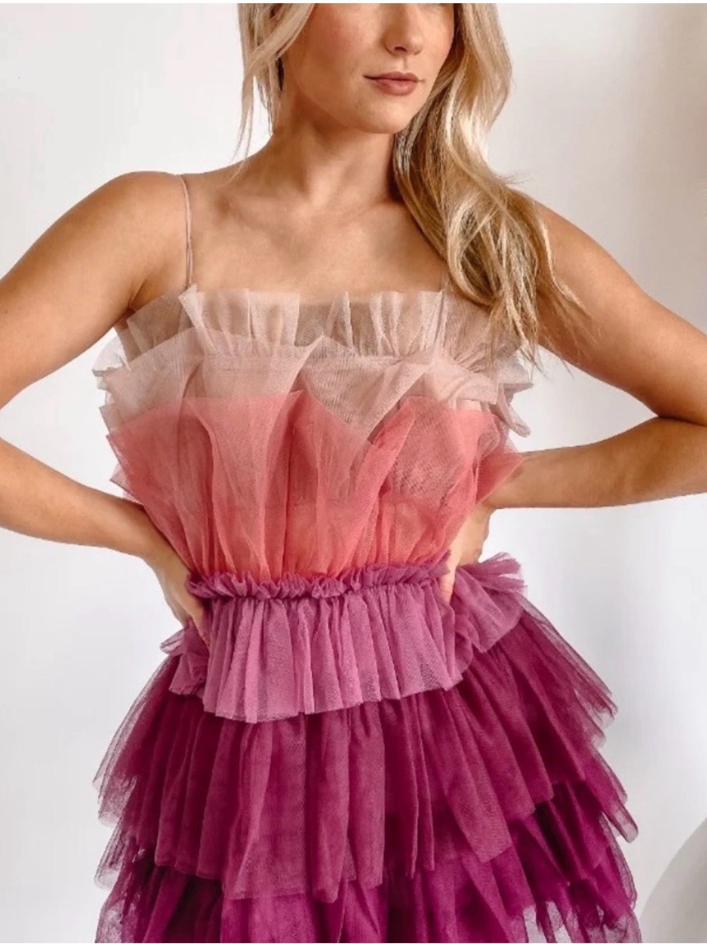 Storia Tiered Tulle Dress in Blush, Coral and Berry